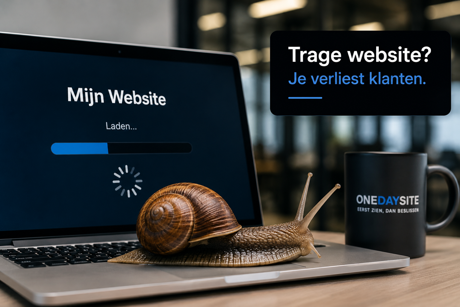 Een laptop met een eindeloos ladende website en een slak ervoor – waarom is mijn website zo traag en hoe los je het op?