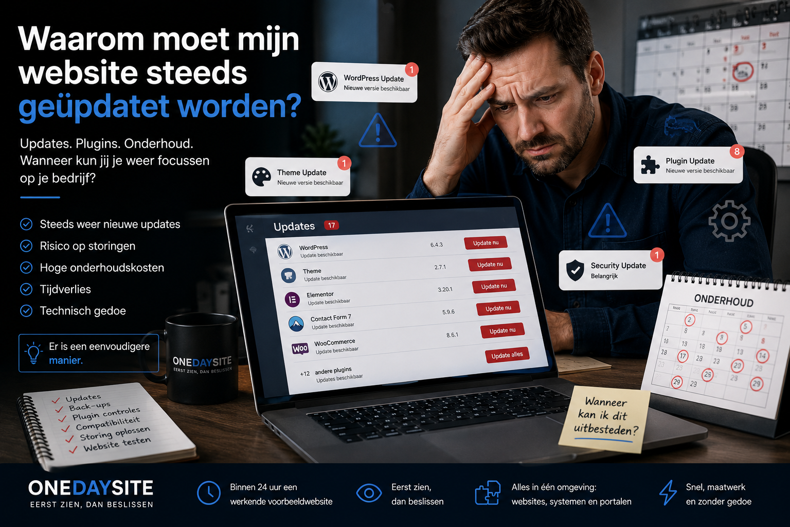Een ondernemer kijkt gefrustreerd naar tientallen update-meldingen op zijn laptop – waarom moet mijn website steeds geüpdatet worden?