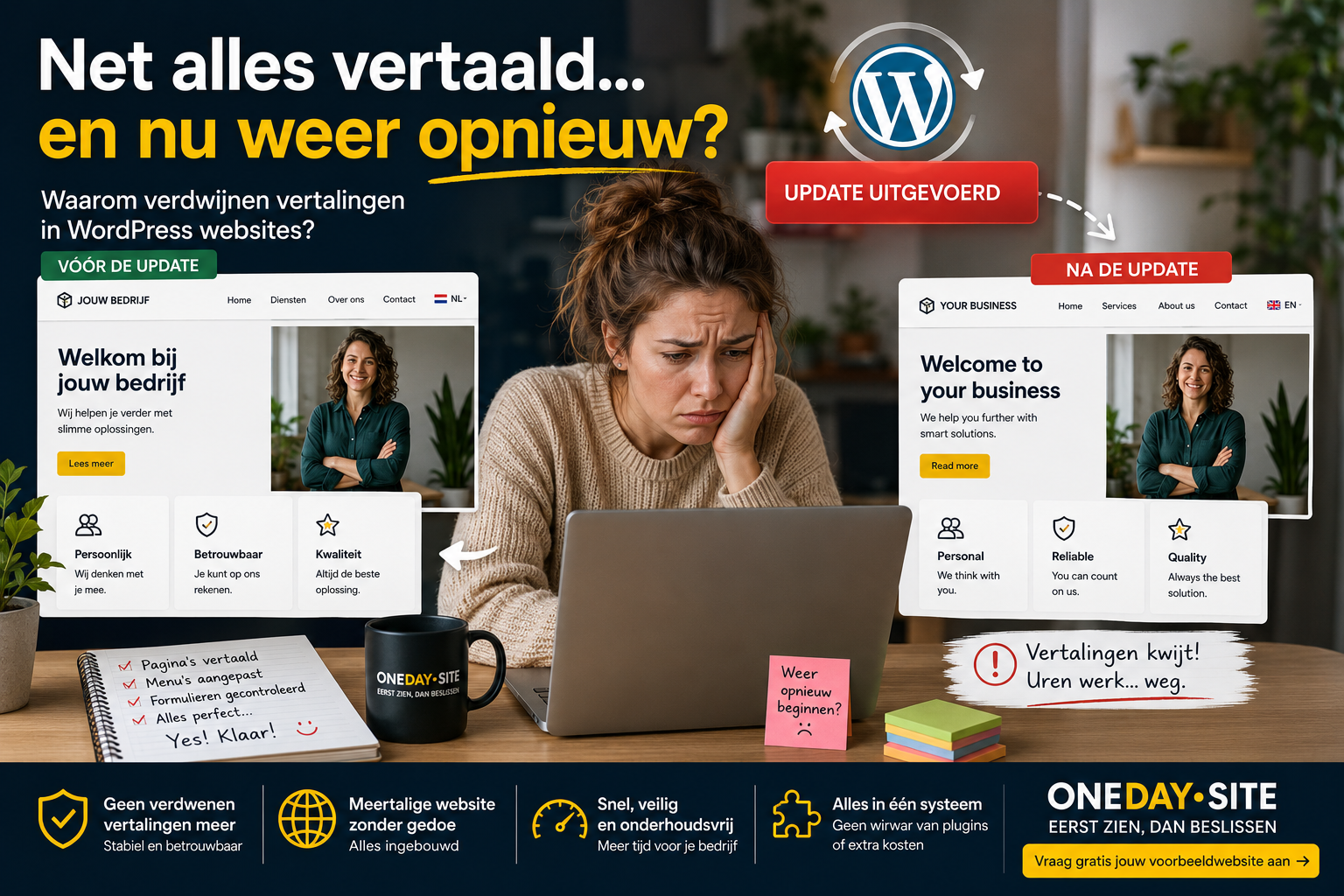 Een ondernemer kijkt gefrustreerd naar haar laptop: vóór de update stond de website netjes in het Nederlands, na de WordPress-update is alles weer Engels – waarom verdwijnen mijn vertalingen in WordPress?